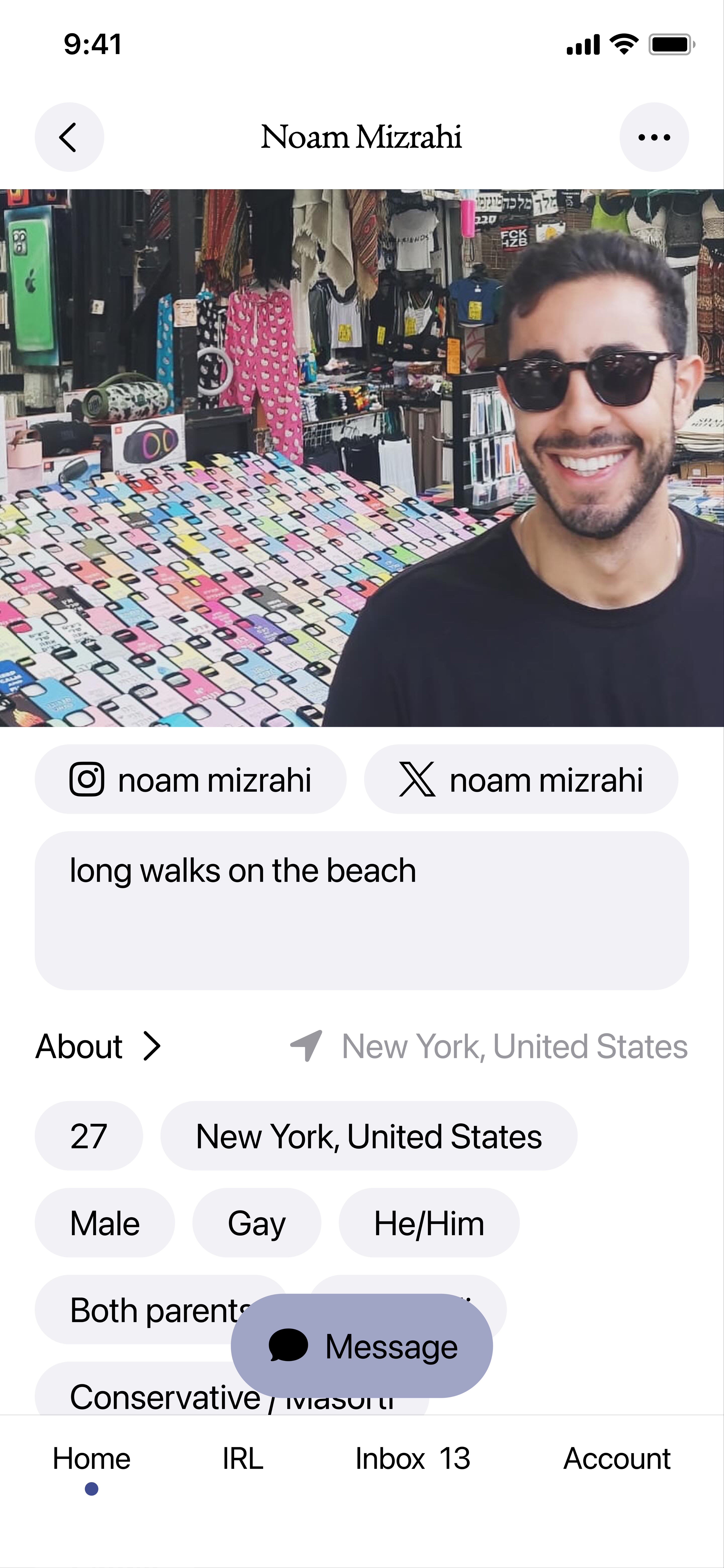 Noam Mizrahi's Gay Shabbat profile screen