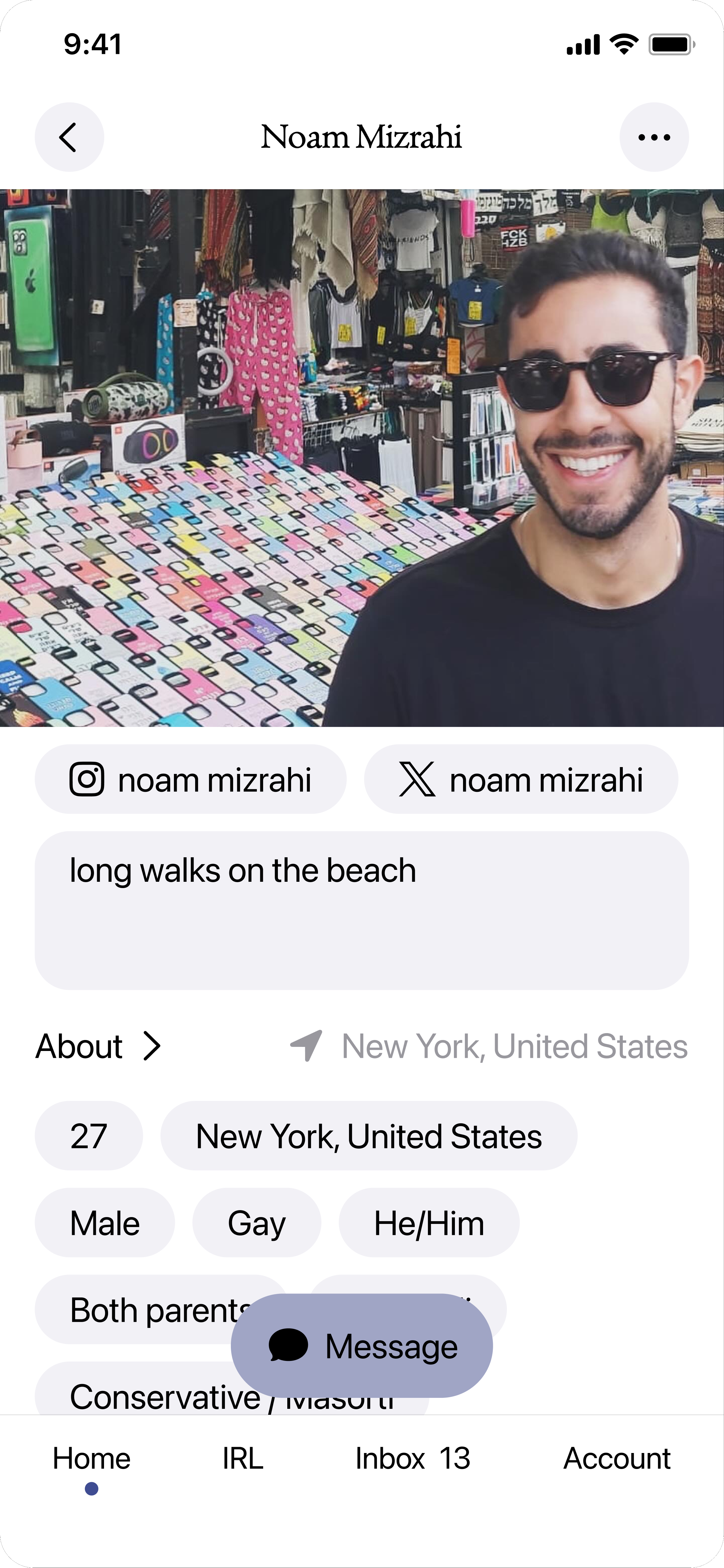 Noam Mizrahi's Gay Shabbat profile screen