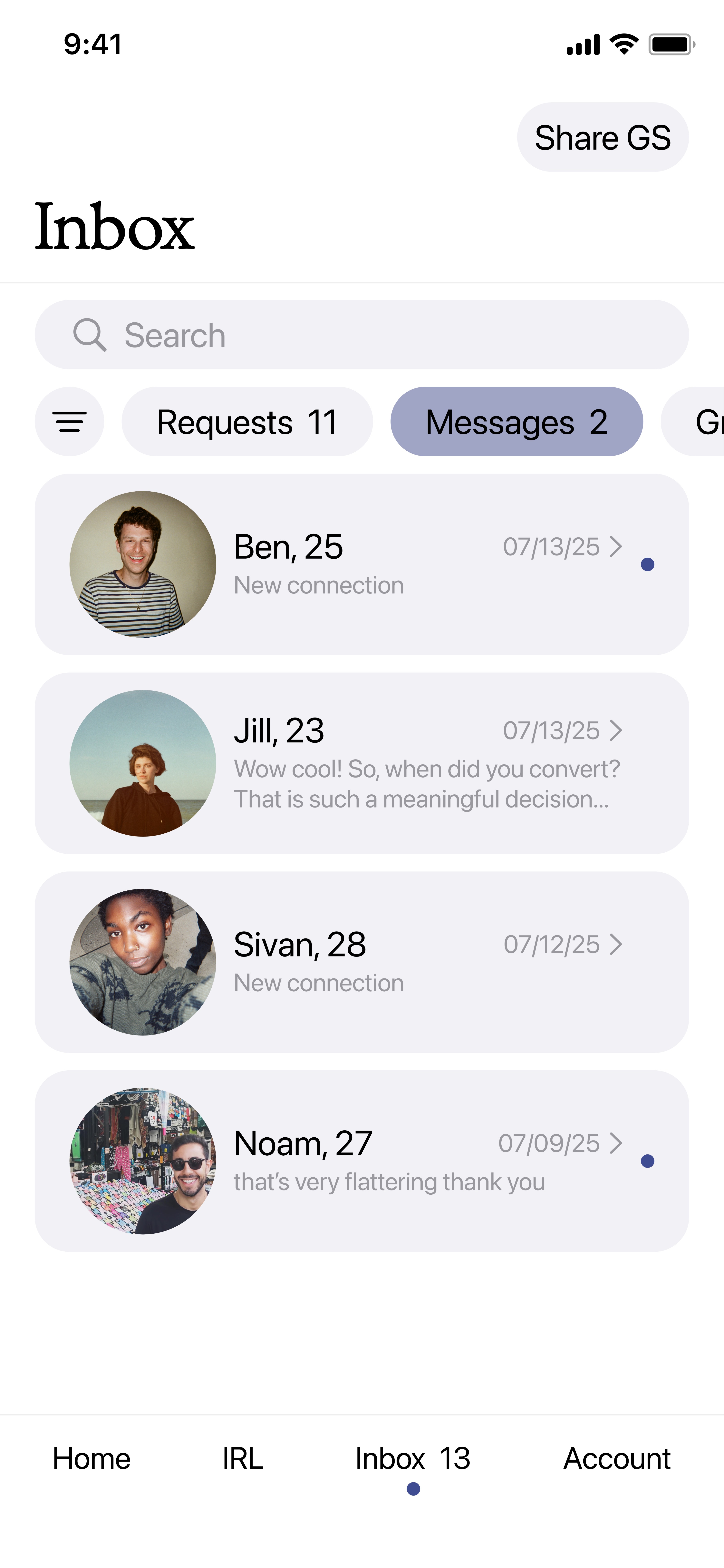 Gay Shabbat app inbox screen