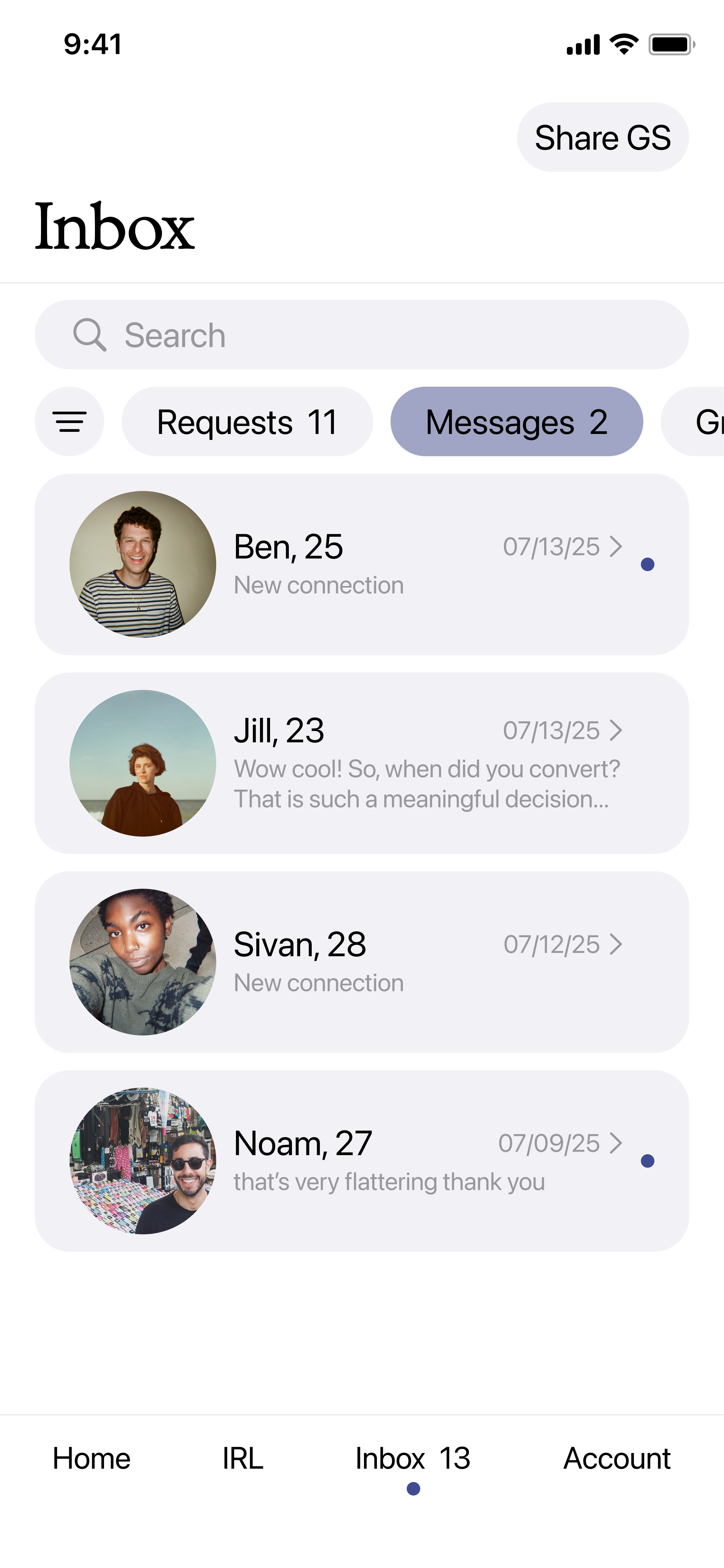 Gay Shabbat app inbox screen