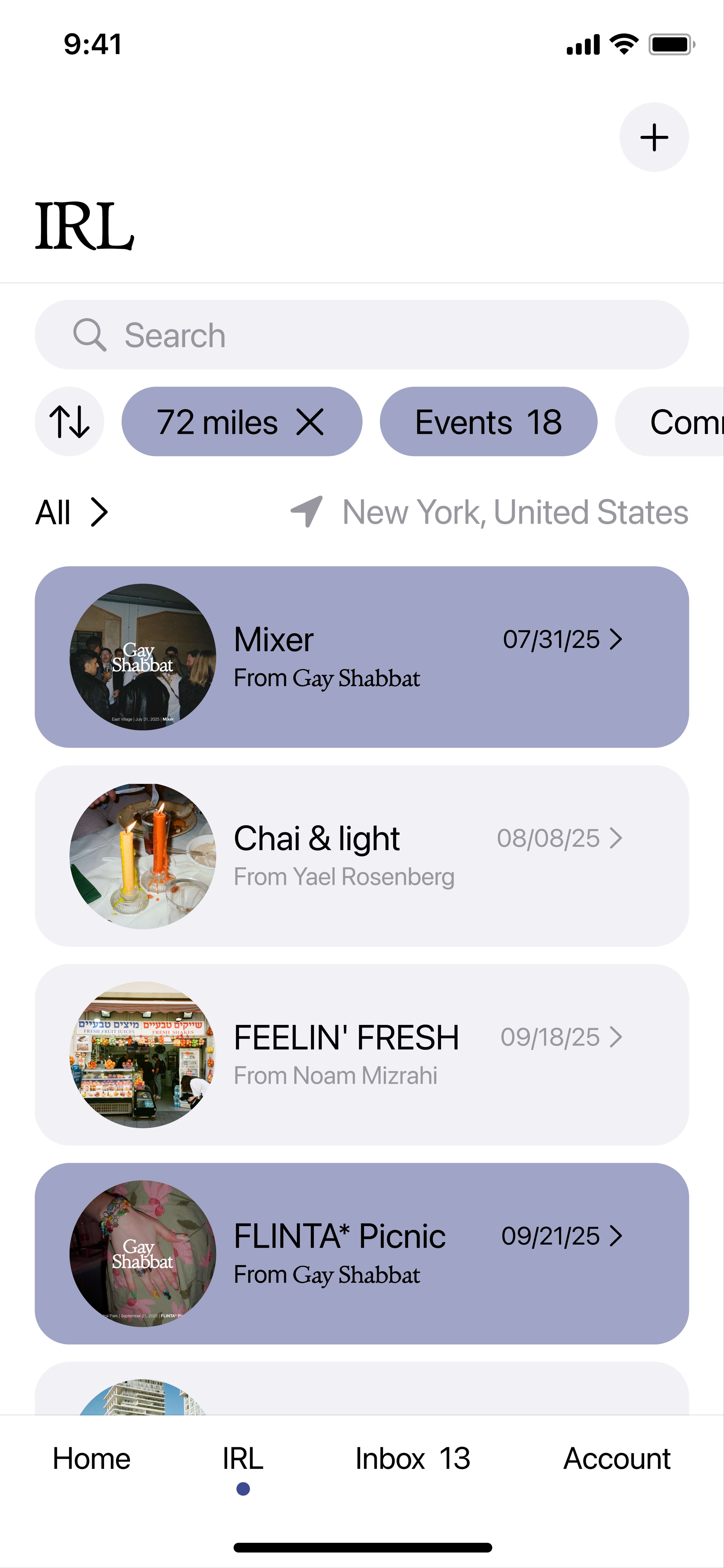 Gay Shabbat app events screen