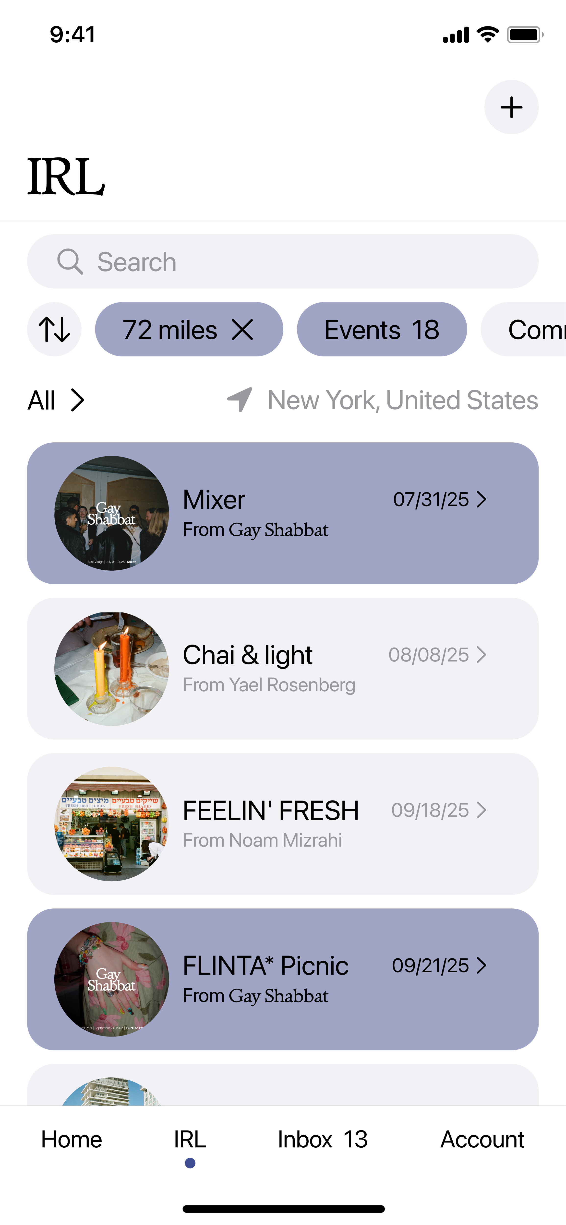 Gay Shabbat app events screen